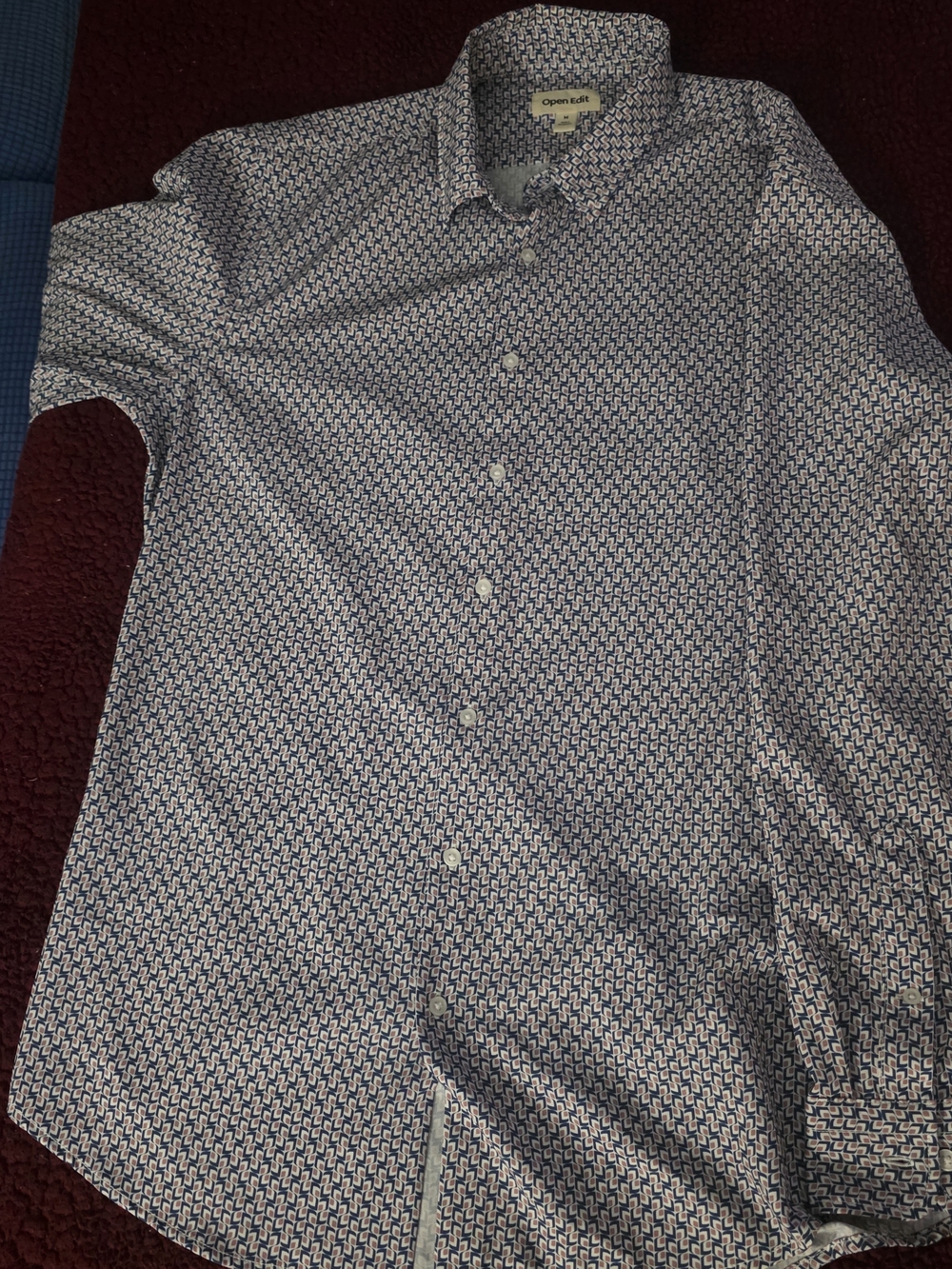 Open Edit Men's Blue Patterned Button-Up Long Sleeve Shirt, M